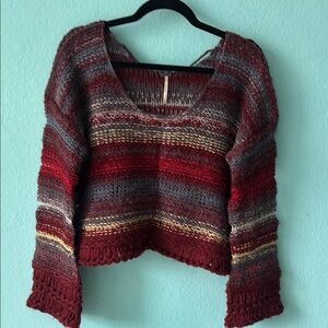 Free People Red and Gray Striped Sweater